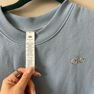 Powder Blue Crew Neck Sweater with Geometric Embroidery